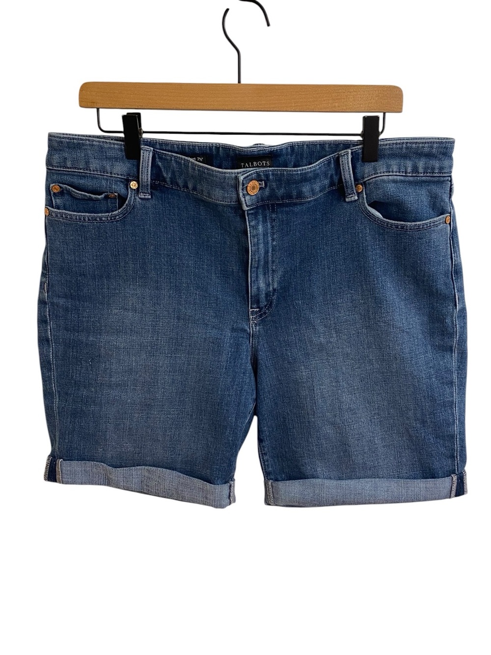 TALBOTS GIRLFRIEND 7.5” DENIM SHORT BERMUDA ROLL UP JEAN SHORTS SIZE 14P EUC